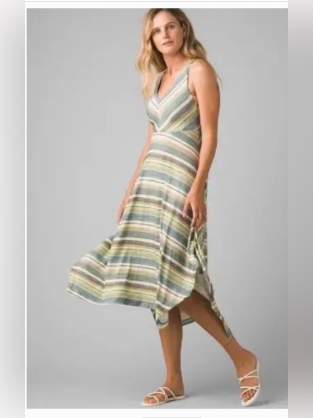 Like new Prana Sz L Striped Saxon Handkerchief Hem Dress RacerBack Built in Bra